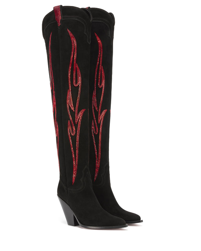     HERMOSA-90-Women_s-Over-The-Knee-Boots-in-Black-Suede-with-Red-Swarovski-Crystals_01_Side